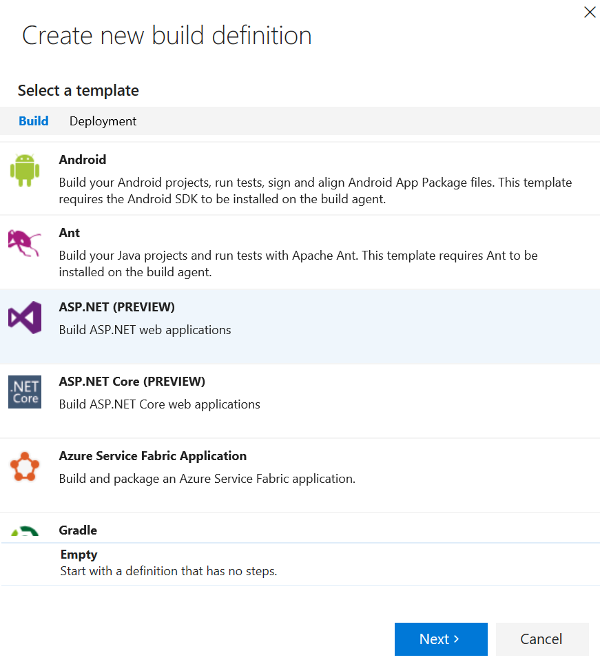ASP.NET: Create New Build Definition